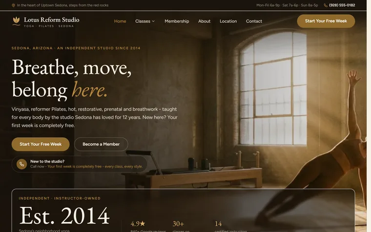 Yoga & Pilates Studio website example - Lotus & Reform home page