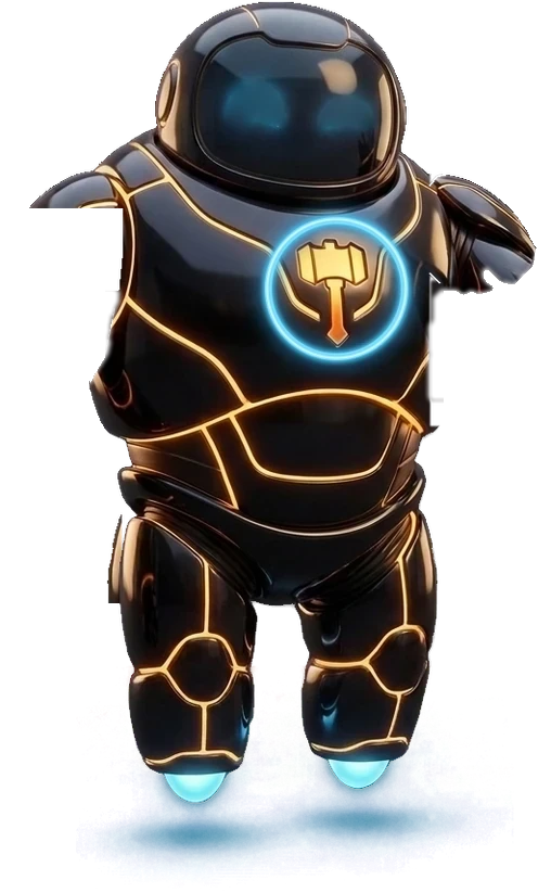 The Titan assistant, a friendly hovering robot in glossy black armor with glowing gold seams